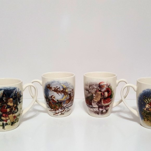 NEW RARE Pottery Set of 4 Pottery Barn Nostalgic Santa Mugs 10.75 OZ Stoneware - Picture 2 of 11